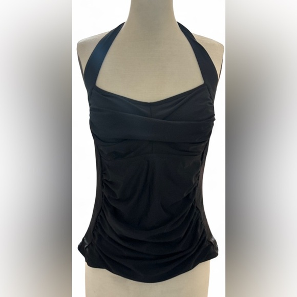 EoMENIE Black Ruched Tankini Swim Elegant Black Halter Adjustable Straps Size XL - Picture 1 of 4
